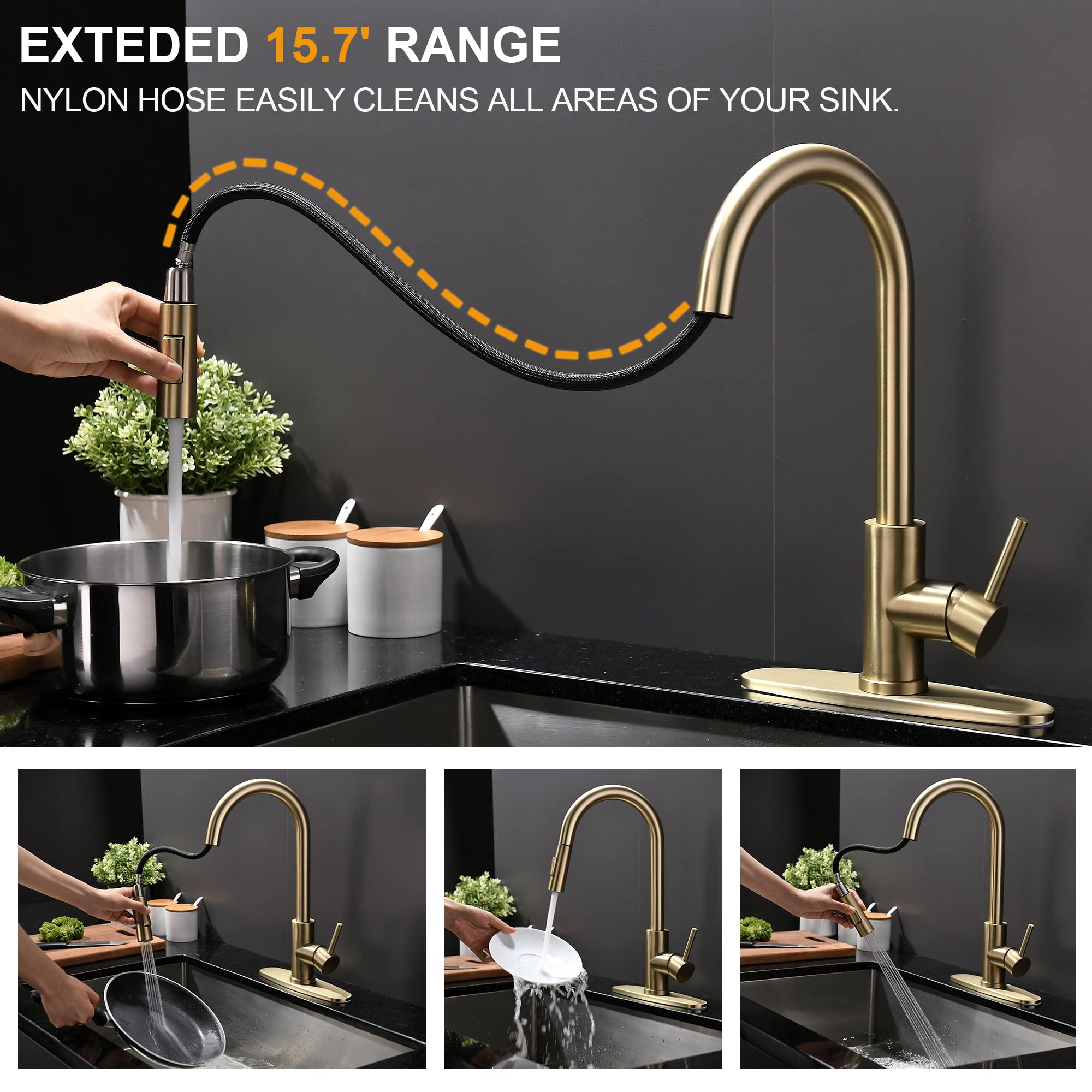 Tohlar Gold Kitchen Faucets With Pull-Down Sprayer, Modern Kitchen Sink Faucet Stainless Steel Single Handle Kitchen Faucet With